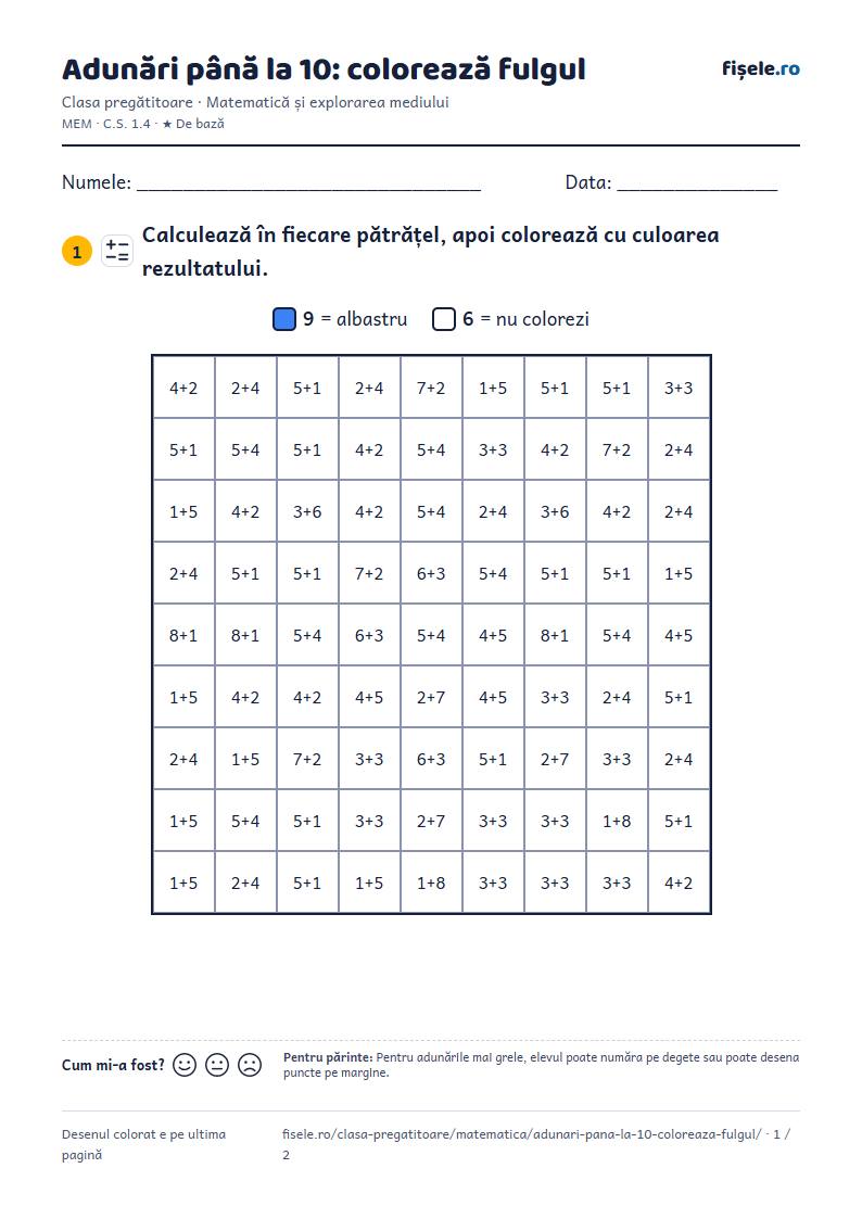 Previzualizare: Adunări până la 10: colorează fulgul