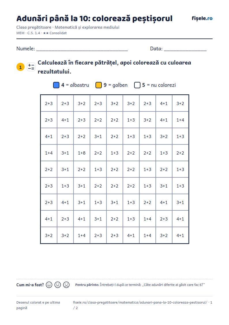 Previzualizare: Adunări până la 10: colorează peștișorul
