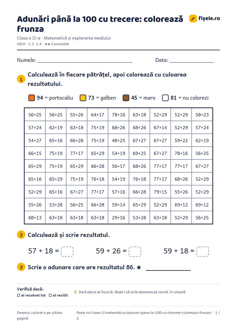 Previzualizare: Adunări până la 100 cu trecere: colorează frunza