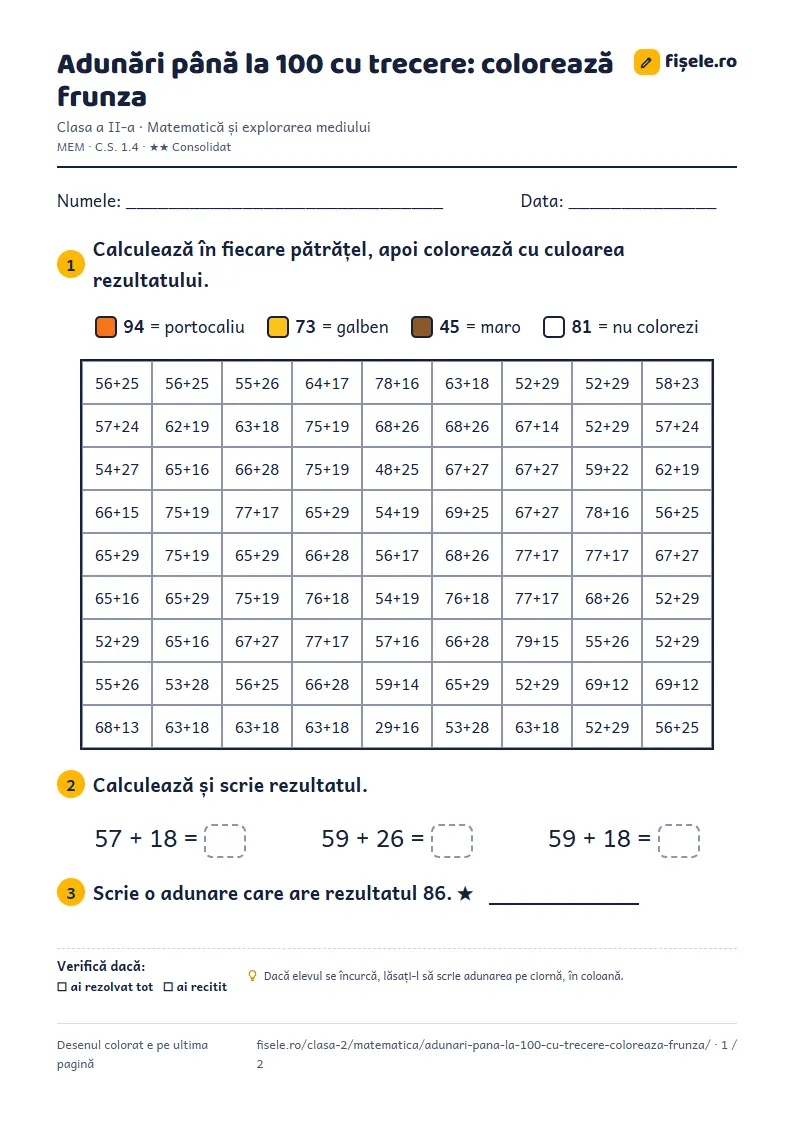Previzualizare: Adunări până la 100 cu trecere: colorează frunza