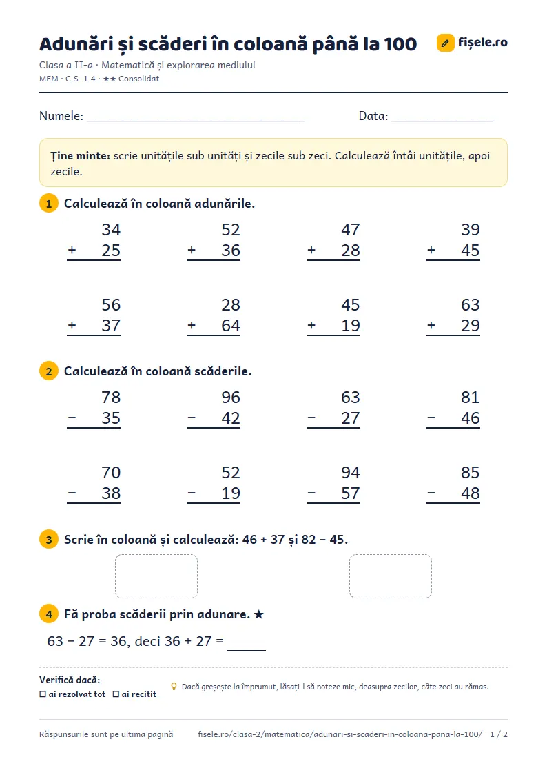Previzualizare: Adunări și scăderi în coloană până la 100