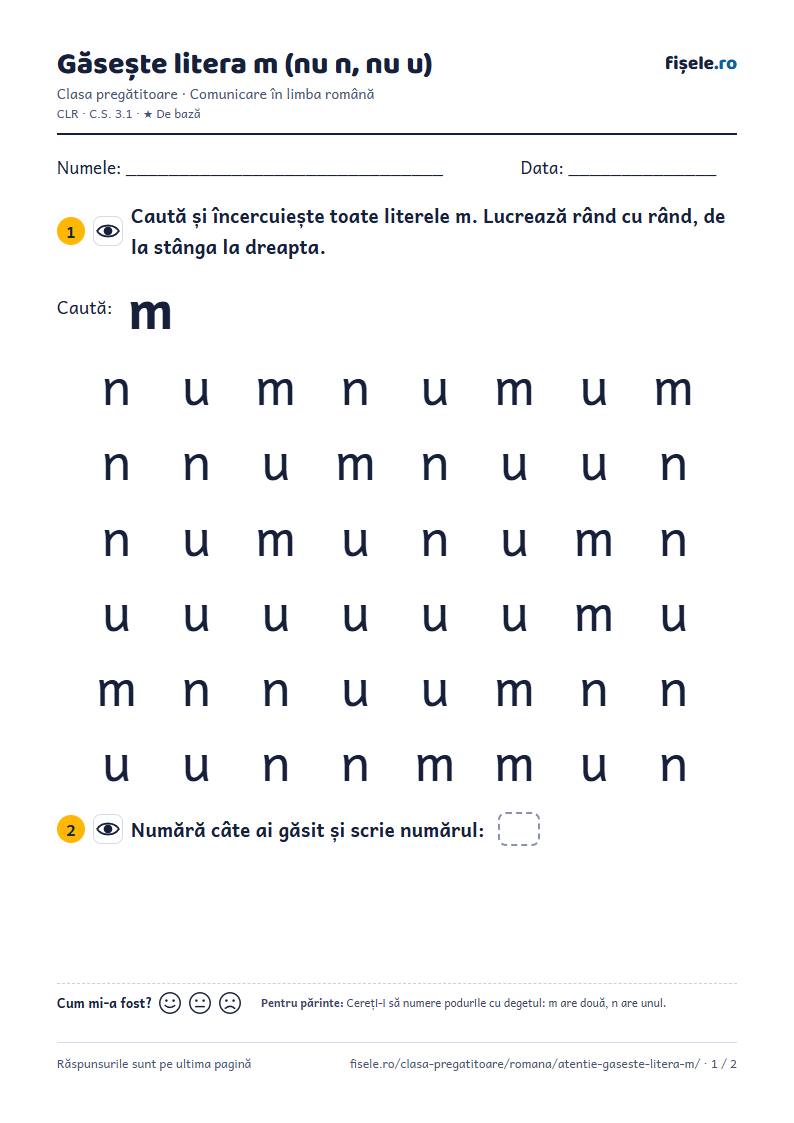 Previzualizare: Găsește litera m (nu n, nu u)