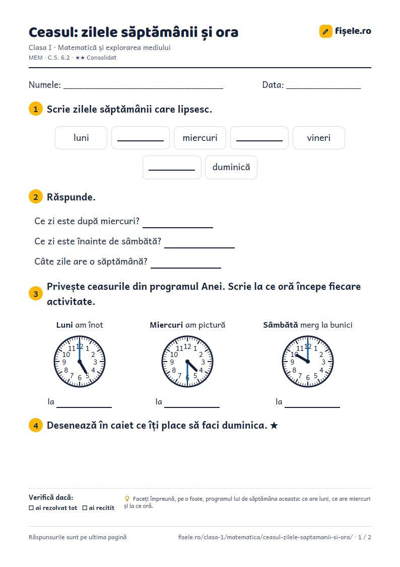 Previzualizare: Ceasul: zilele săptămânii și ora