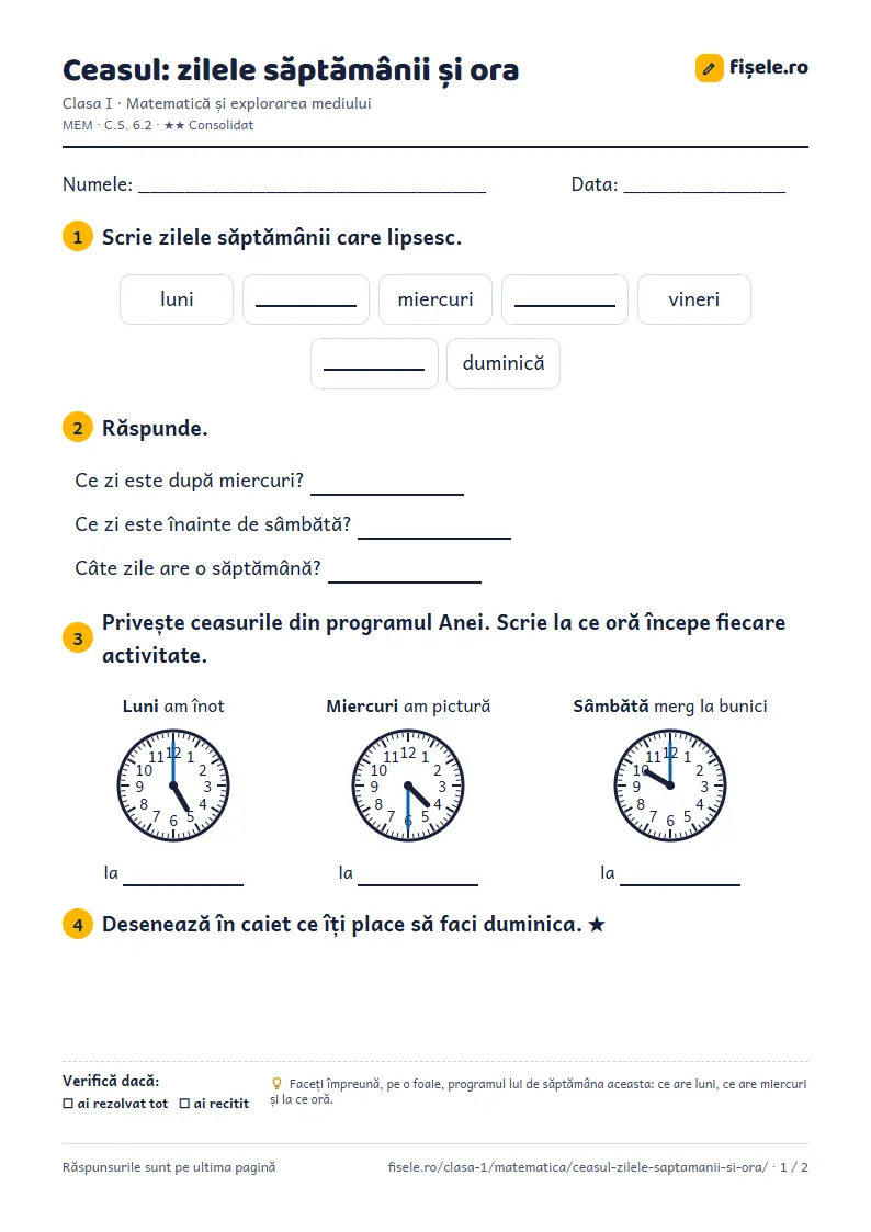 Previzualizare: Ceasul: zilele săptămânii și ora