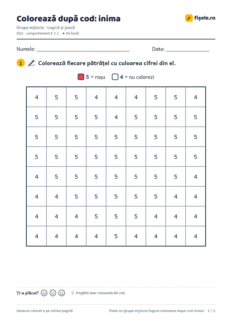 Previzualizare: Colorează după cod: inima