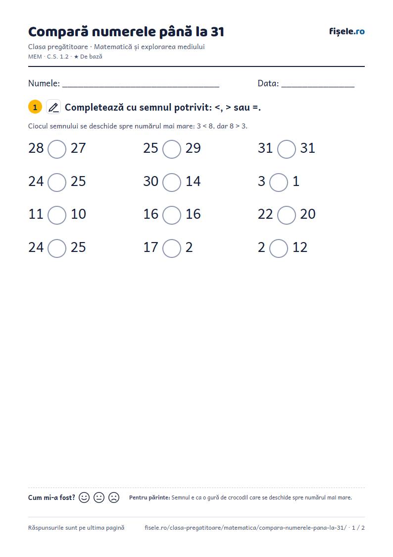 Previzualizare: Compară numerele până la 31