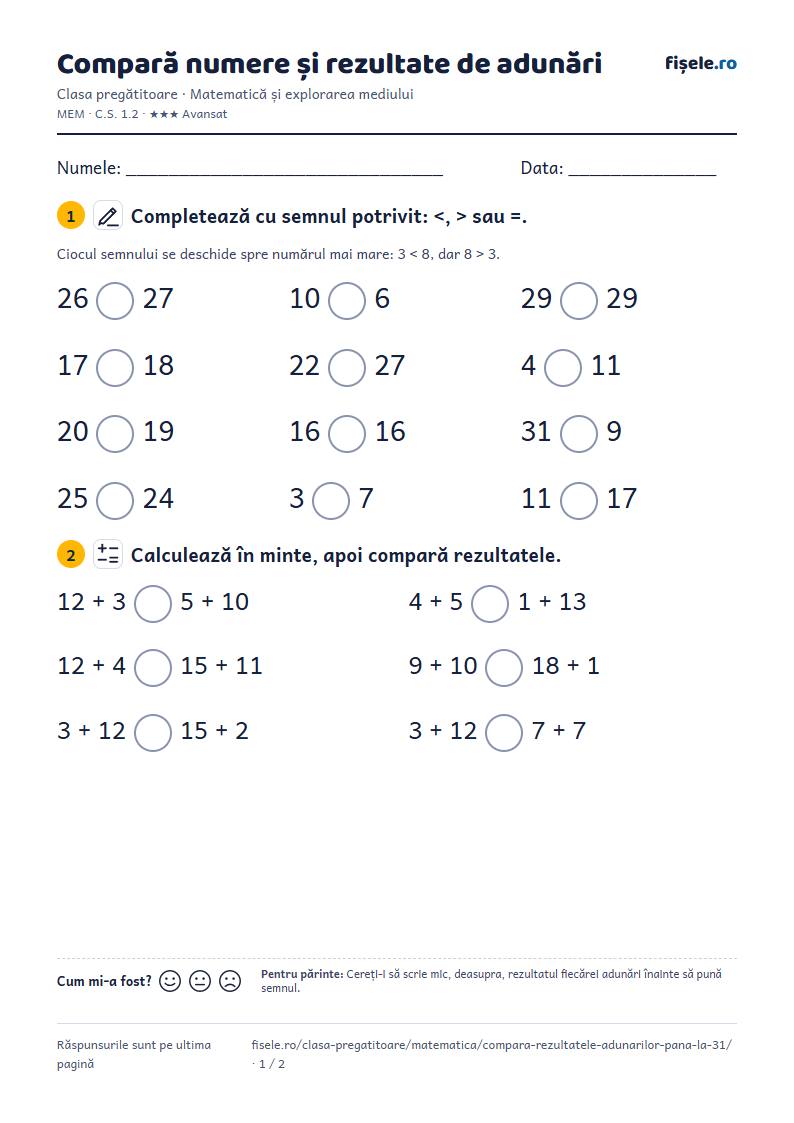 Previzualizare: Compară numere și rezultate de adunări