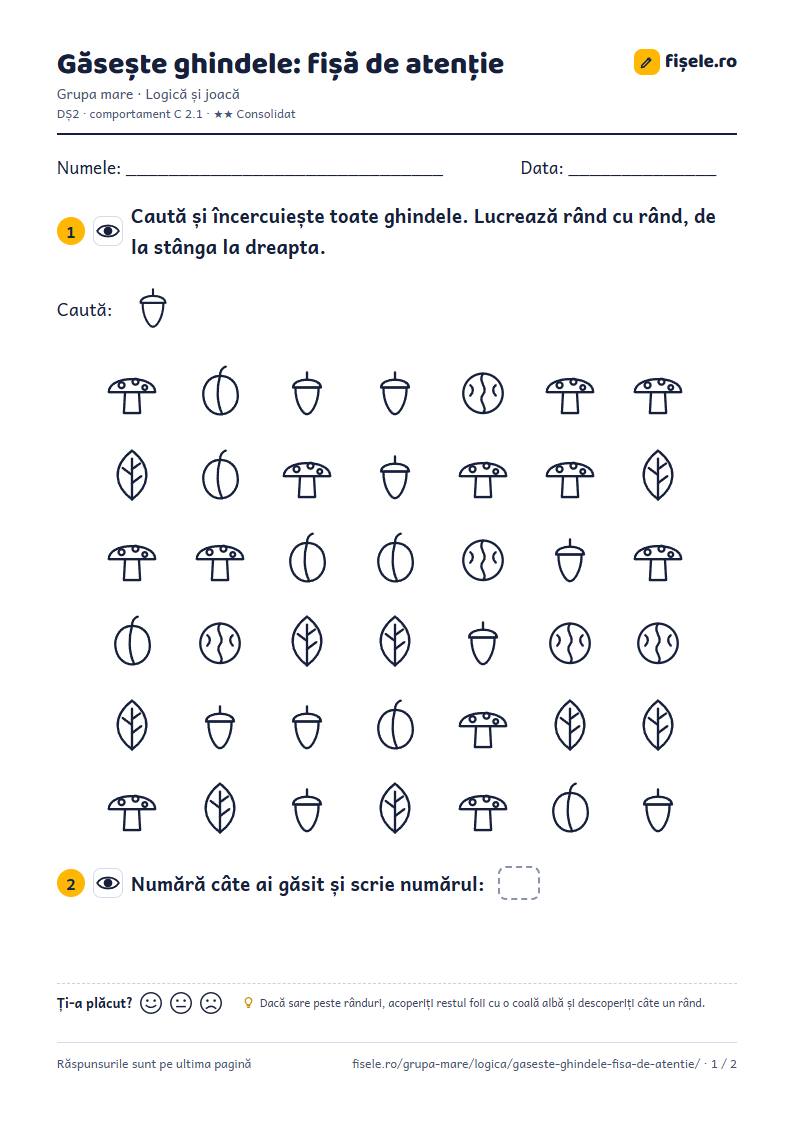 Previzualizare: Găsește ghindele: fișă de atenție