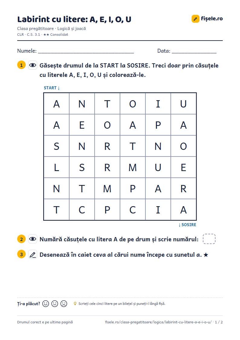 Previzualizare: Labirint cu litere: A, E, I, O, U
