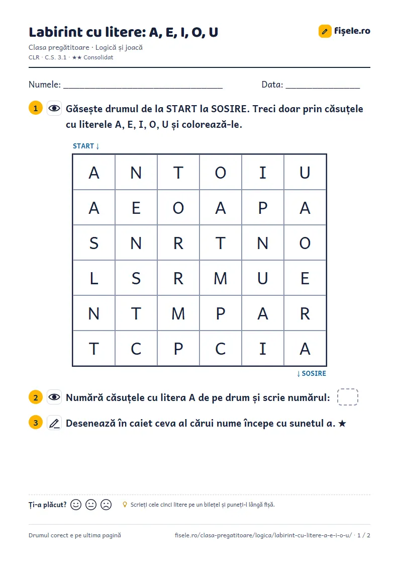 Previzualizare: Labirint cu litere: A, E, I, O, U