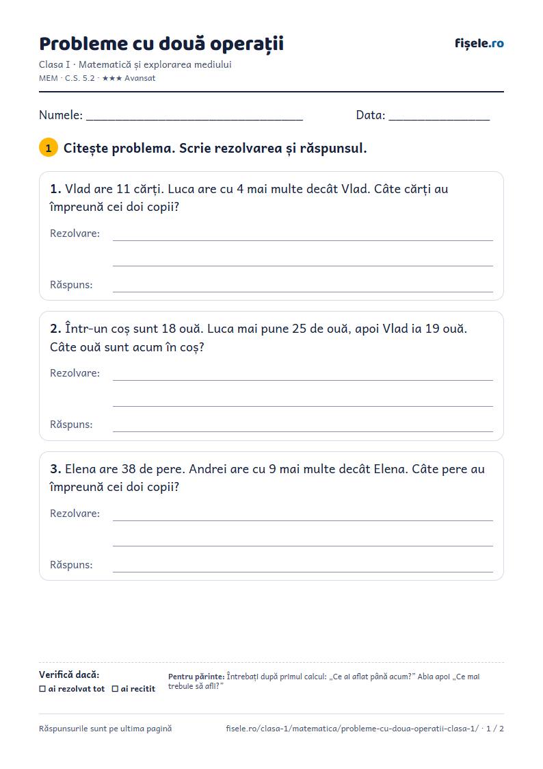 Previzualizare: Probleme cu două operații