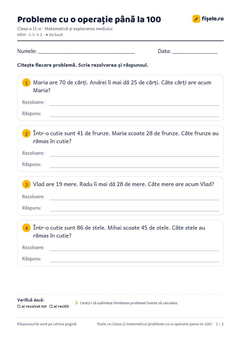 Previzualizare: Probleme cu o operație până la 100