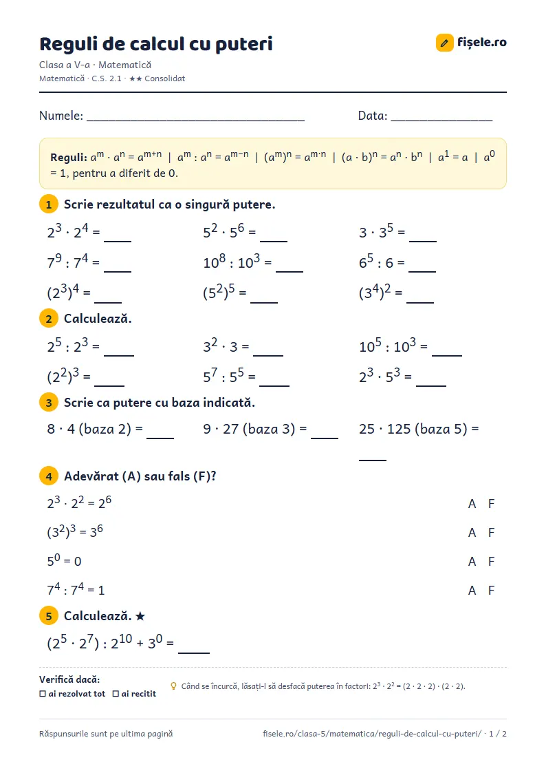 Previzualizare: Reguli de calcul cu puteri