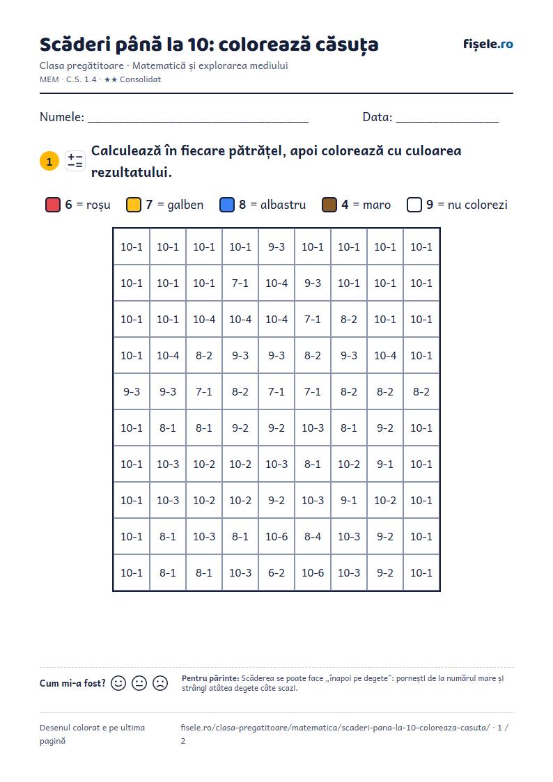 Previzualizare: Scăderi până la 10: colorează căsuța