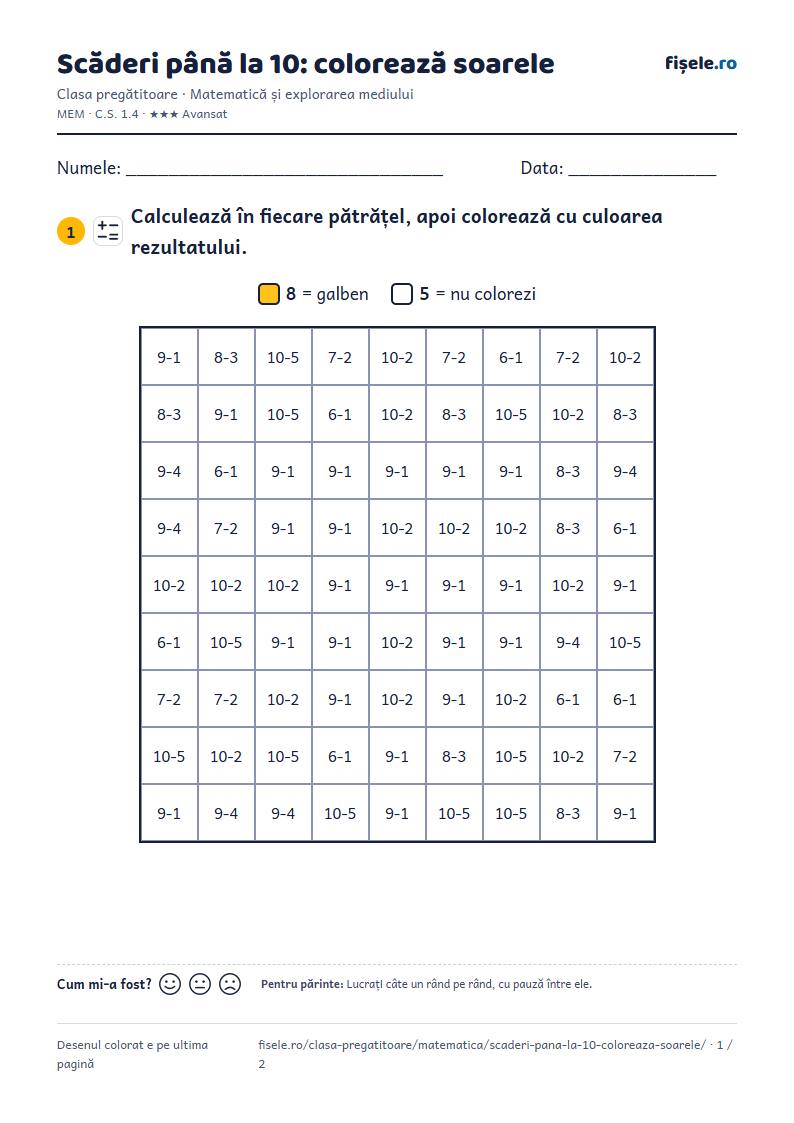 Previzualizare: Scăderi până la 10: colorează soarele