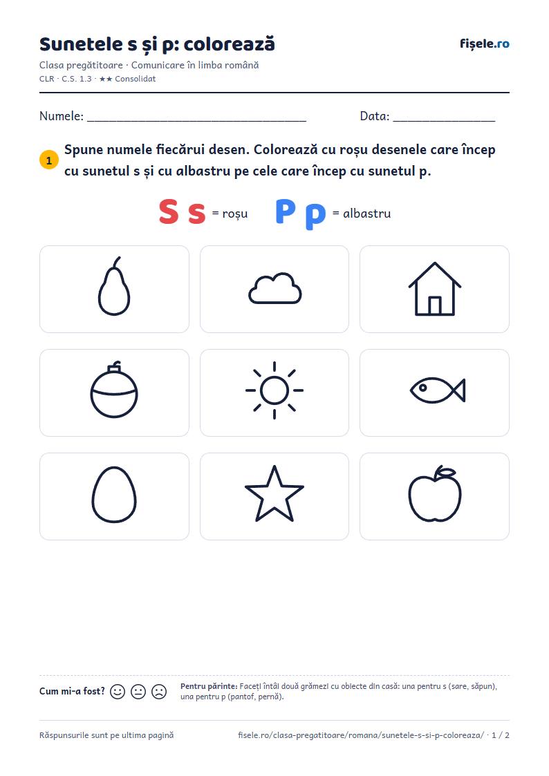 Previzualizare: Sunetele s și p: colorează