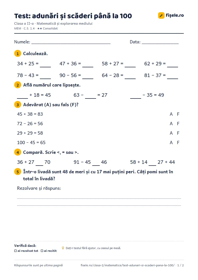 Test: adunări și scăderi până la 100: prima pagină a fișei, de printat