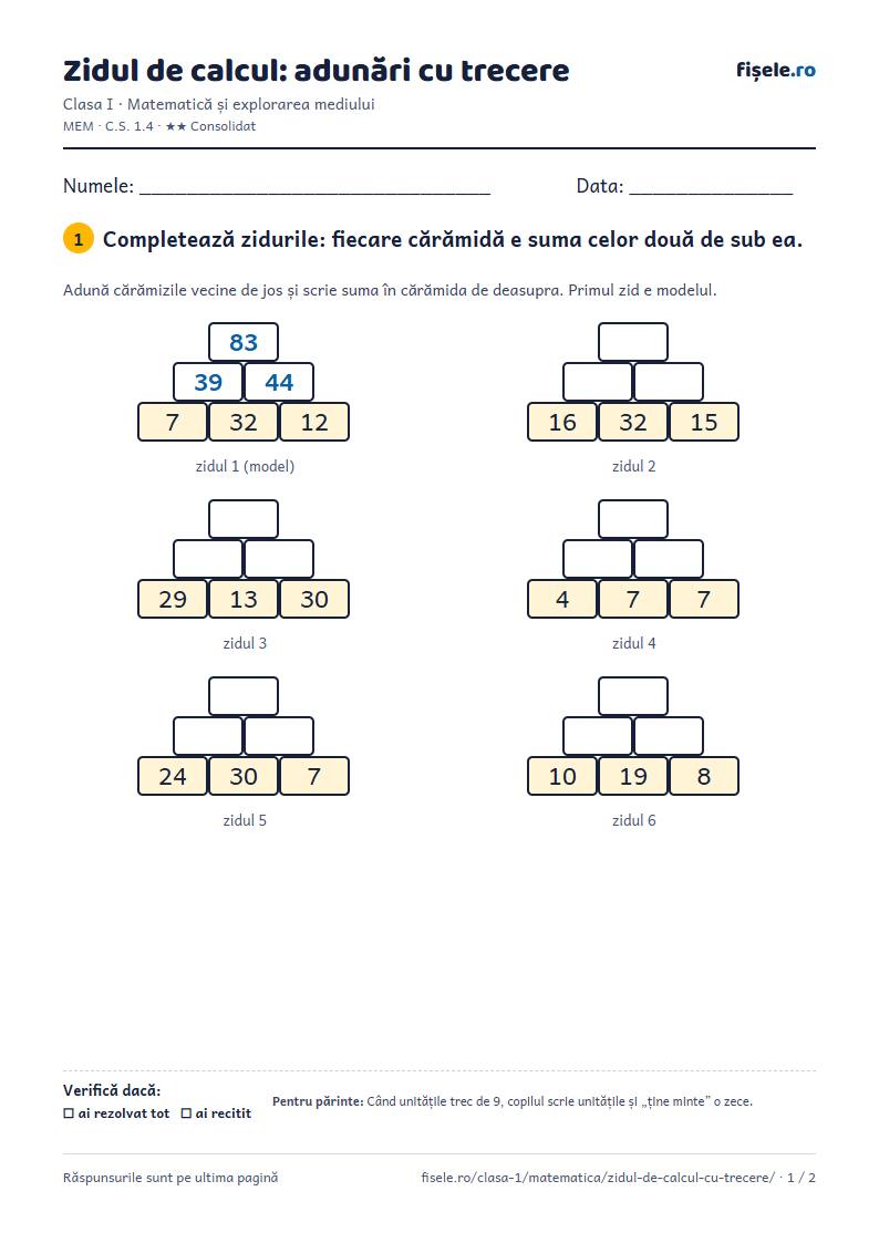 Previzualizare: Zidul de calcul: adunări cu trecere