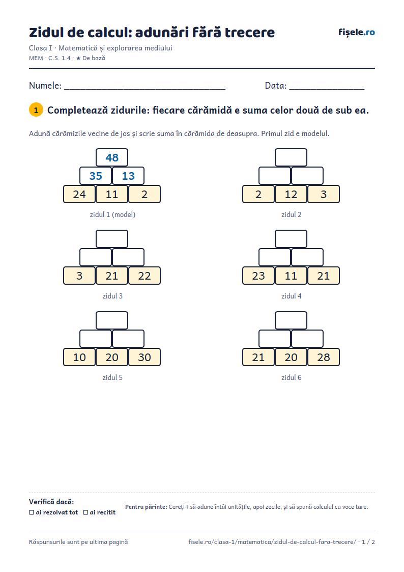 Previzualizare: Zidul de calcul: adunări fără trecere